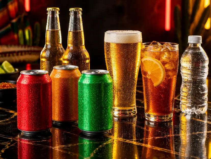 Lattine fredde, birre, tè freddo al limone e acqua sul tavolo in marmo nero
