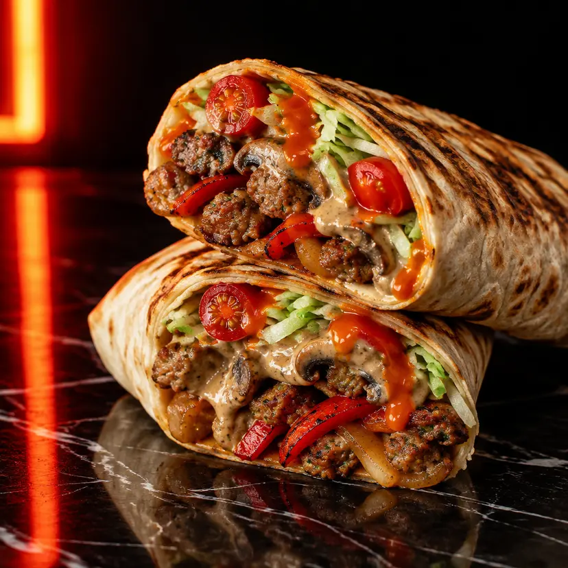 Burrito Salsiccia con peperoni, cipolla cotta e pomodorini