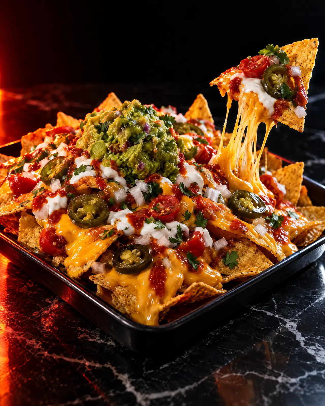 Quetaco Nachos con cheddar, jalapeño e guacamole