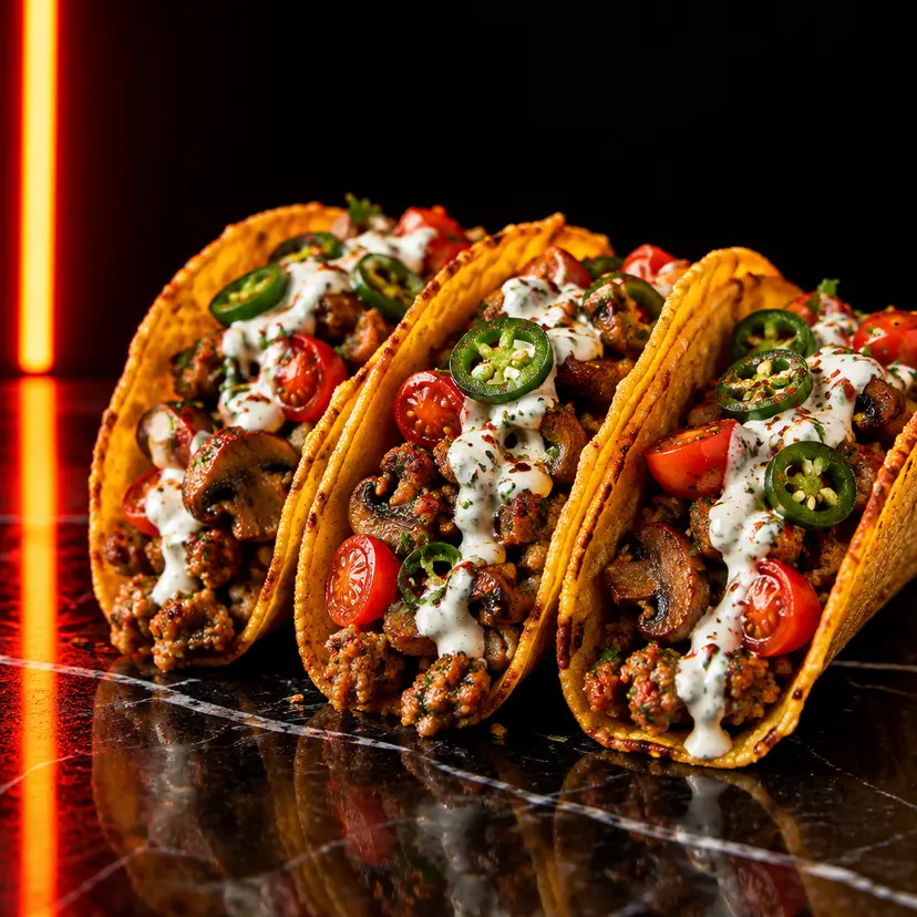 Tacos Salsiccia alla jalapeño con funghi, pomodorini e salsa yogurt