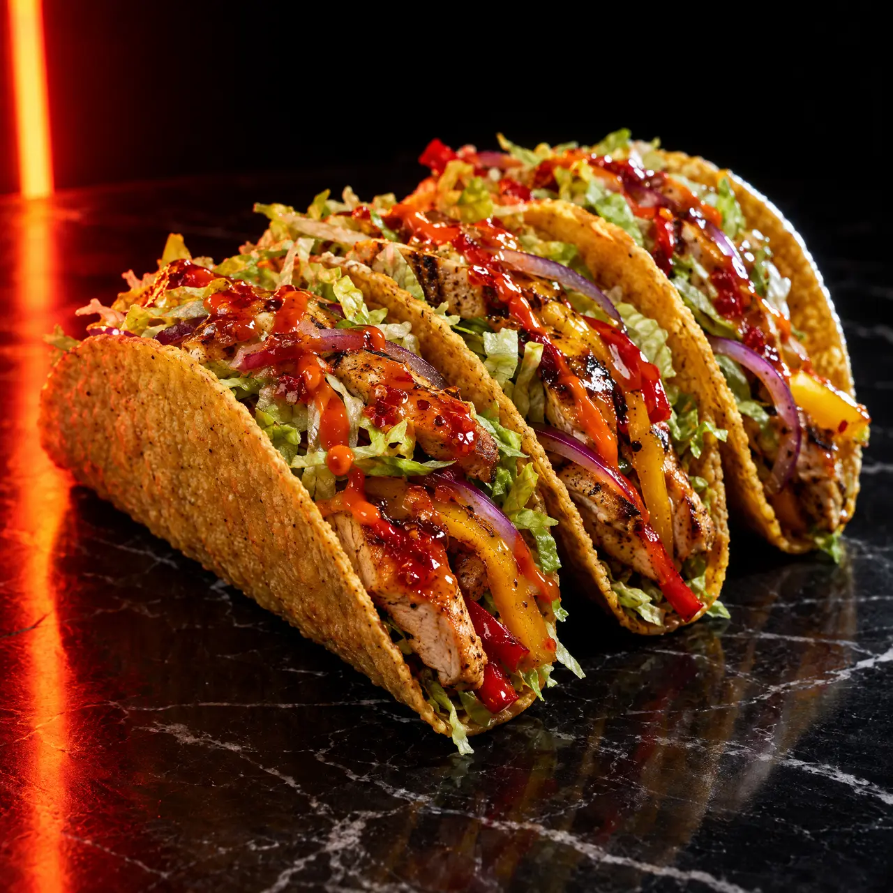 Tacos al pollo con peperoni, cipolla rossa e lattuga